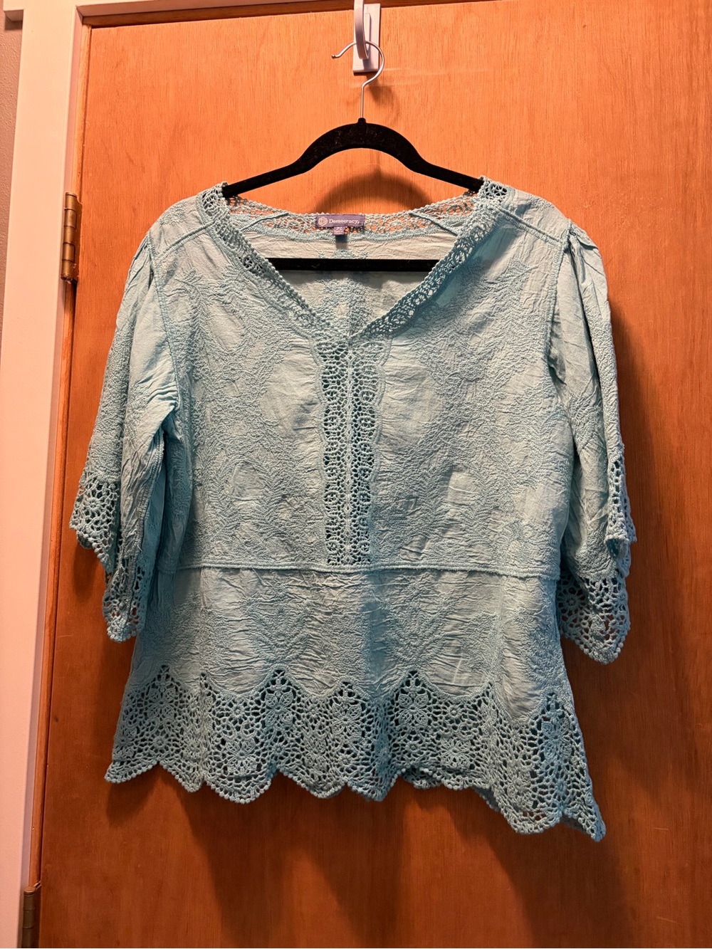 Democracy Light Blue Crochet Trim V-Neck Blouse